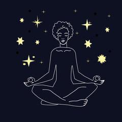 Fototapeta na wymiar Female white linear silhouette in meditating lotus pose on a black background with stars. Yoga concept vector illustration.