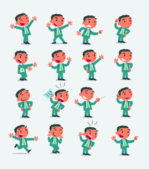 Fototapeta premium Cartoon character businessman in smart casual style. Set with different postures, attitudes and poses, doing different activities in isolated vector illustrations 