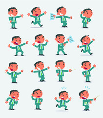 Fototapeta premium Cartoon character businessman in smart casual style. Set with different postures, attitudes and poses, doing different activities in isolated vector illustrations 