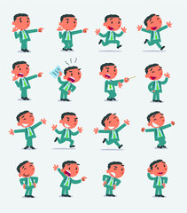 Cartoon character businessman in smart casual style. Set with different postures, attitudes and poses, doing different activities in isolated vector illustrations 