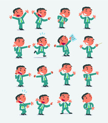 Cartoon character businessman in smart casual style. Set with different postures, attitudes and poses, doing different activities in isolated vector illustrations 