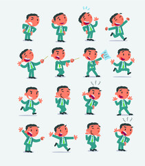 Cartoon character businessman in smart casual style. Set with different postures, attitudes and poses, doing different activities in isolated vector illustrations 