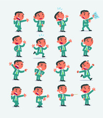 Cartoon character businessman in smart casual style. Set with different postures, attitudes and poses, doing different activities in isolated vector illustrations 