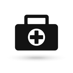First aid kit black icon in flat style. Health, help and medical diagnostics vector illustration on white isolated background. Black Doctor bag concept.