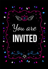 Vector royal template illustration with curly frame and invitation word on black background with crown and star.