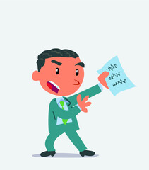 cartoon character of businessman arguing effusively with document in hand