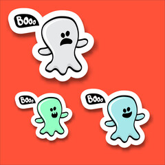 cartoon cute ghost sticker set isolated on orange background. Funny boo ghost icon collection