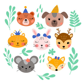 Image with a set of cute animal faces and leaves on a white background, in vector graphics. For decoration, prints for children clothing, notebook covers, textiles, wrapping paper