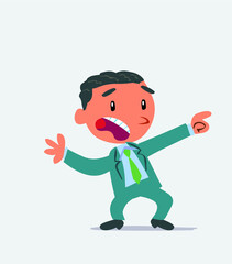 Scared cartoon character of businessman points to the side.