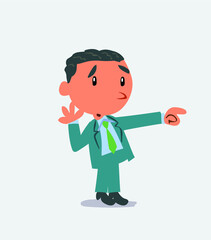 Surprised cartoon character of businessman points to something to his side.