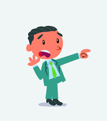 Surprised cartoon character of businessman pointing at something
