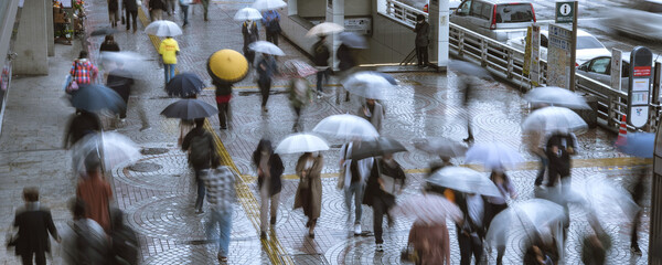 Crowd of people walking with umbrellas in rainy city, Tokyo, Japan　雨の東京...