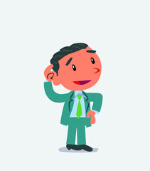 Thoughtful cartoon character of businessman scratching his head.