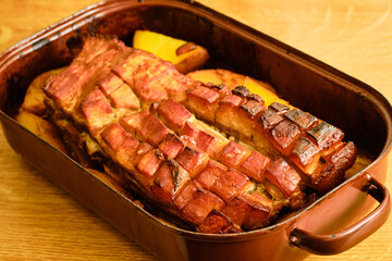 Pork belly in cooking pan