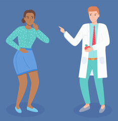 Consultation with doctor. African woman patient talking with dentist. Stomatologist holding apple discussing teeth pain of patient. Checking health in doctor. Cartoon characters isolated flat style