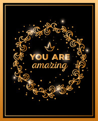 Fototapeta na wymiar Vector illustration of romantic template with round golden color flower wreath and inscription on black background.