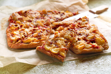 Homemade pizza. Hot Italian pizza on a light concrete background