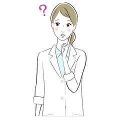 woman wearing white lab coat having questions.