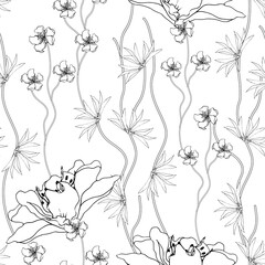 Black and white floral seamless pattern. Texture from contour flowers for paper, coloring, wallpaper on the wall.