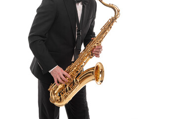 Saxophonist with a saxophone in his hands on a white background.