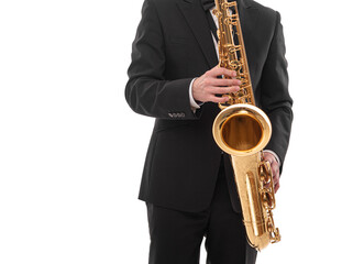Saxophonist with a saxophone in his hands on a white background.