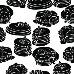 Seamless pattern of black silhouettes pancake with various sweet sauces and berries on a white background, sweet pastries for breakfast vector illustration for design