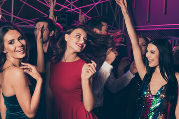 Photo of girls wearing festive stylish fashionable clothes celebrating prom together at party in...