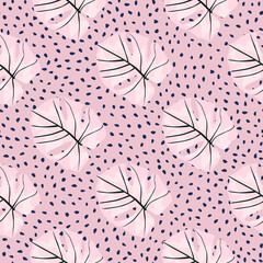 Seamless pattern with hawaii monstera leaves silhouettes. Pink and lilac palette foliage artwork with dotted background.