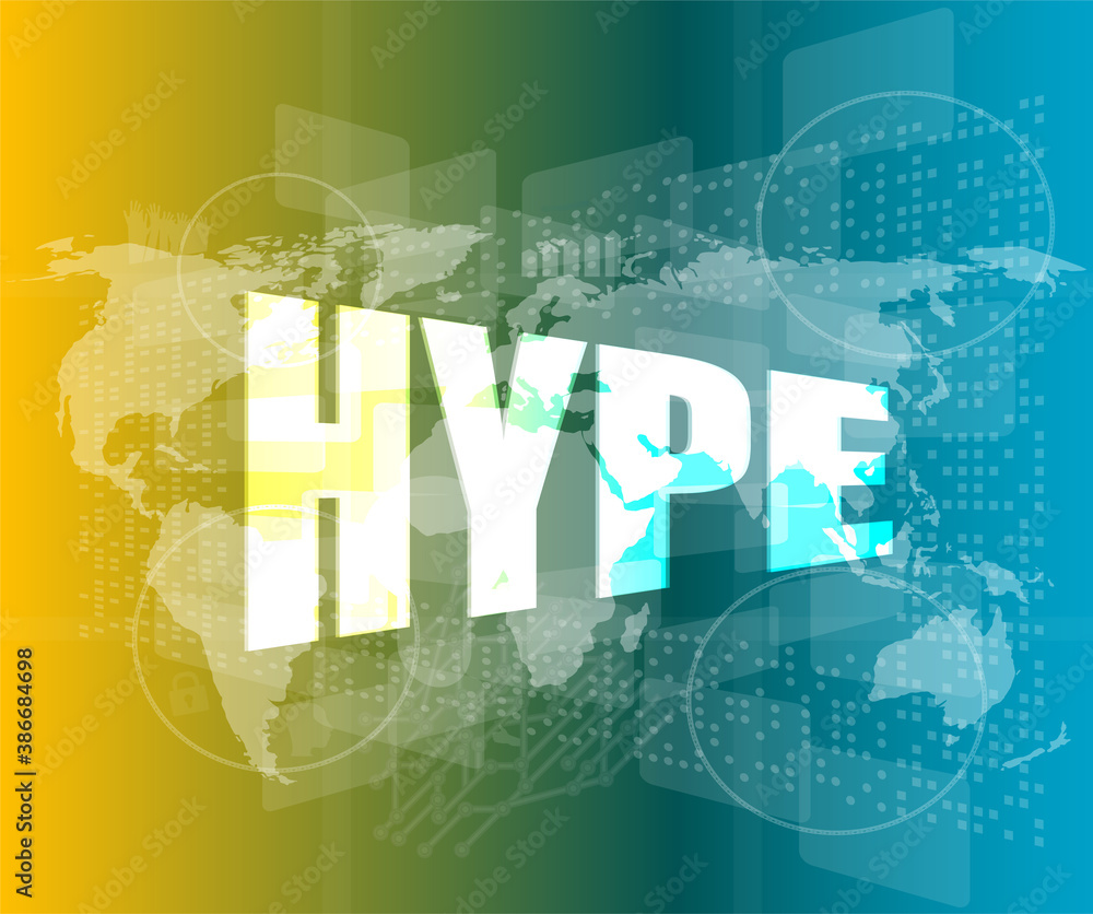 Poster hype word on digital screen background with world map