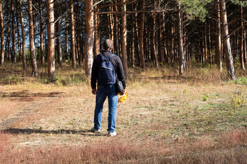 A man with a backpack behind him walks in a pine forest..