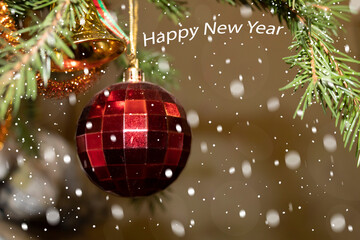 Against the background of flying snowflakes, fir branches, a New Year's red ball and a bell. Above...