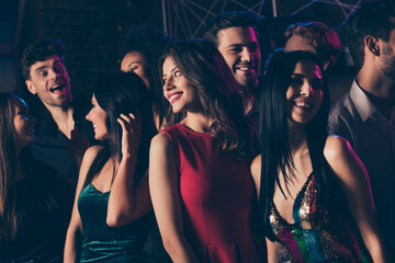 Photo of girl wearing red dress lipstick smiling chilling together dancing with friends in night club on corporate new year party