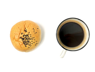 Bread and black coffee isolated on white background.