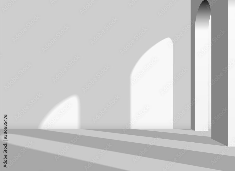 Aufkleber abstract architectural 3d background with arches and columns in the white room with shadows. interio