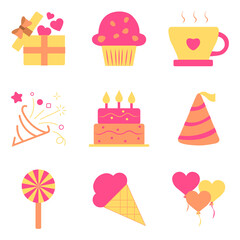 Birthday party icons on the light background