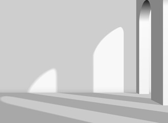 Abstract architectural 3D background with arches and columns in the white room with shadows. Interior with copyspace