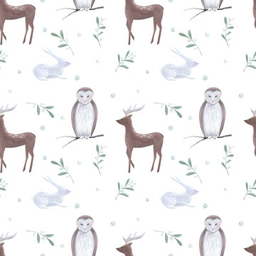 Winter Forest. Hand-drawn seamless pattern. Owl, deer, hare.