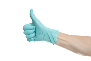 Hand in blue glove isolated on white with thumb up..