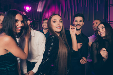 Photo of student friends company dancing at party together in night club celebrating prom smiling wearing fashionable stylish clothes