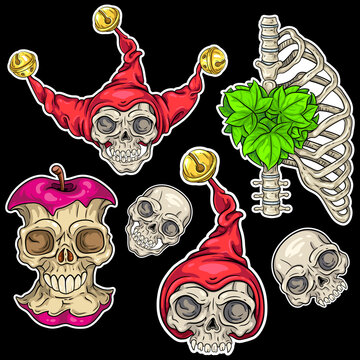 Halloween skeleton bundle. Vector illustrations of flourishing ribs, apple skull, clown skull and skull in a hood. Isolated on dark background. For your Halloween, costume party and other designs.