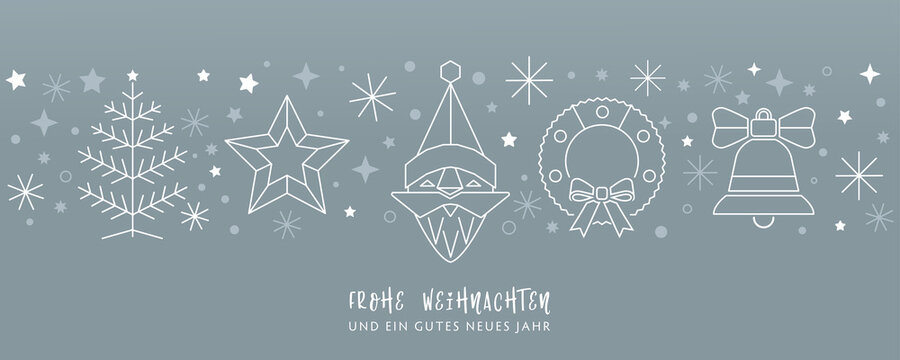 Weihnachtskarte Deko silber - Weihnachtsmann, Weihnachtsbaum Kranz, Stern und Glocke