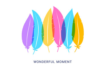 Vector romantic beautiful illustration of bright color transparent feather and word wonderful on white background.
