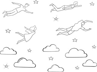 People flying for dream, achieving goal. Various men and women isolated on white background. Doodle cute people in clouds and stars. Vector line outline illustration