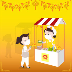 Vector illustration of people buying food in vegetarian market with new style. The Chinese and Thai flags mean "vegetarian" on a yellow background.