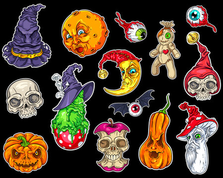 Big Halloween bundle. Vector illustrations of full and crescent moons, skulls, eyeballs, witch hat, tricky dessert, pumpkins, apple skull, amanita oldster and voodoo doll. Isolated on dark background