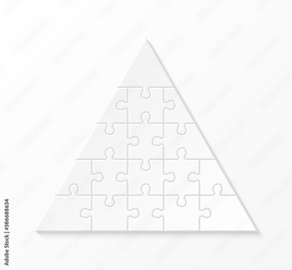 Poster five levels pyramid puzzle presentation infographic template with explanatory text field for business statistics illustration. Five stages triangle puzzle piece shape