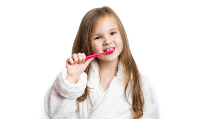 little girl brushes her teeth smiling on a white background. dental care. prevention of caries.