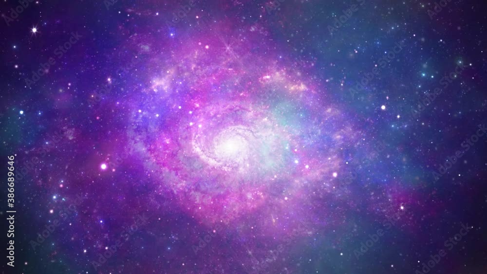 Poster 4k zoom flying through star fields and nebulas into space, revealing a spinning spiral galaxy, and c