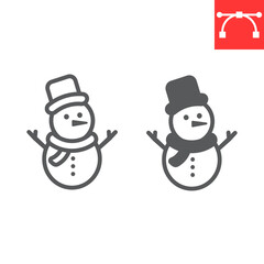 Snowman line and glyph icon, merry christmas and xmas, snowman sign vector graphics, editable stroke linear icon, eps 10.