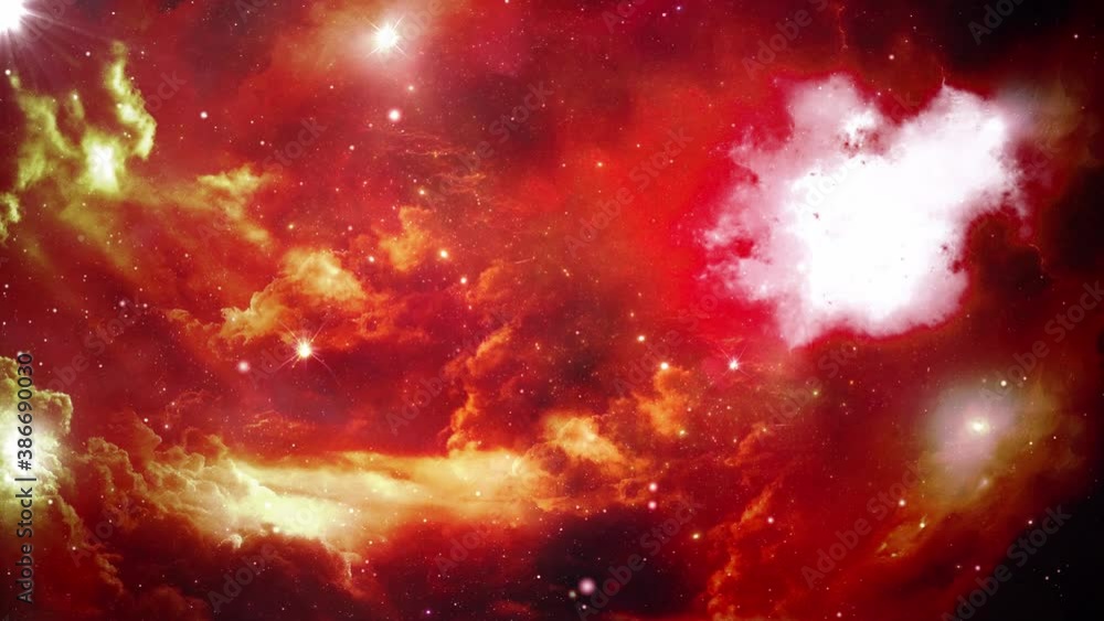 Poster 4k red nebula galaxy in deep space exploration star fields loop animation. 3d flying through glowing